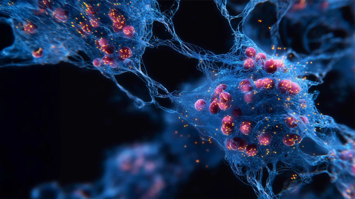 Microscopic view of synthetic DNA aptamers attaching to senescent zombie cells in laboratory research