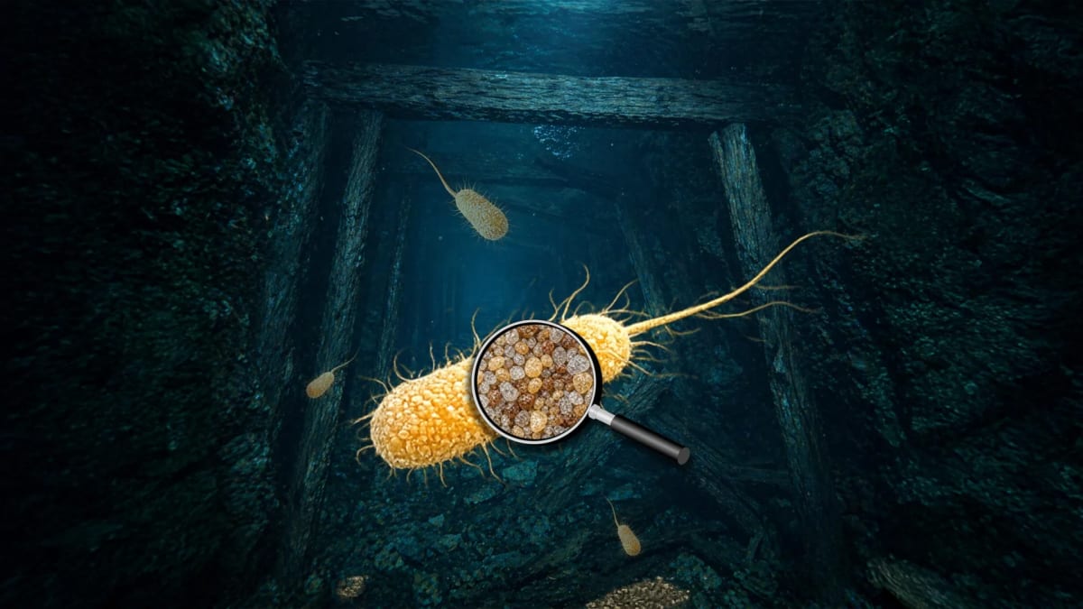 Microscopic view of bacteria cell membranes containing uranium nanoparticles from contaminated mine water