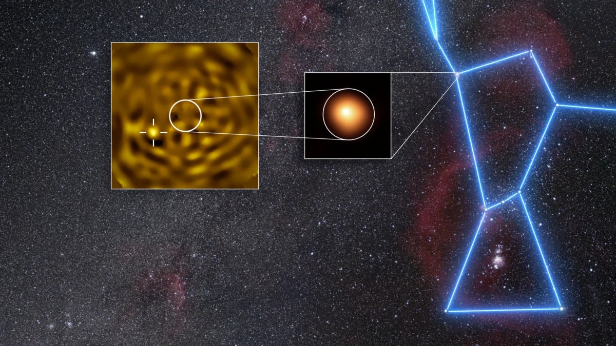 Astronomical image showing Betelgeuse red supergiant star with newly discovered companion star Betelgeuse B