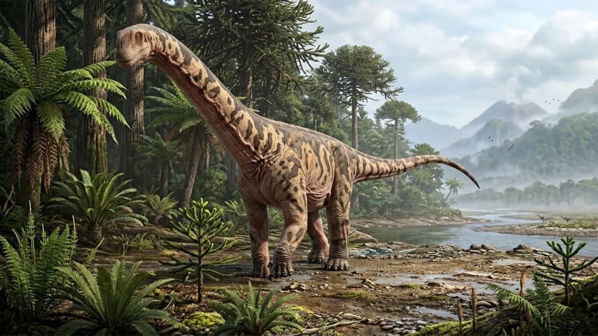 Artist rendering of long-necked Bicharracosaurus dionidei dinosaur in prehistoric Argentine landscape