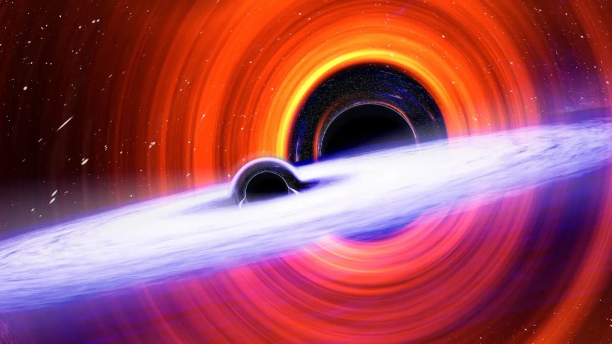 Artistic rendering of two black holes merging in space creating gravitational waves