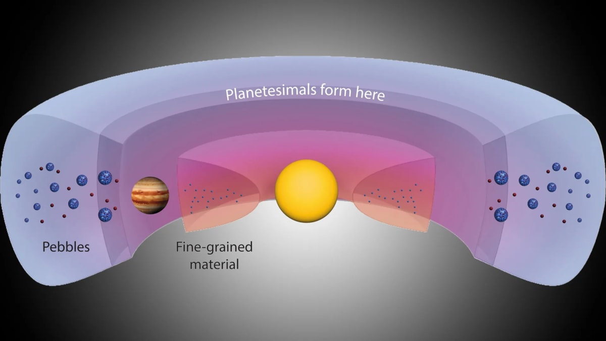 Computer simulation showing dust ring beyond Jupiter where early planetesimals formed billions of years ago