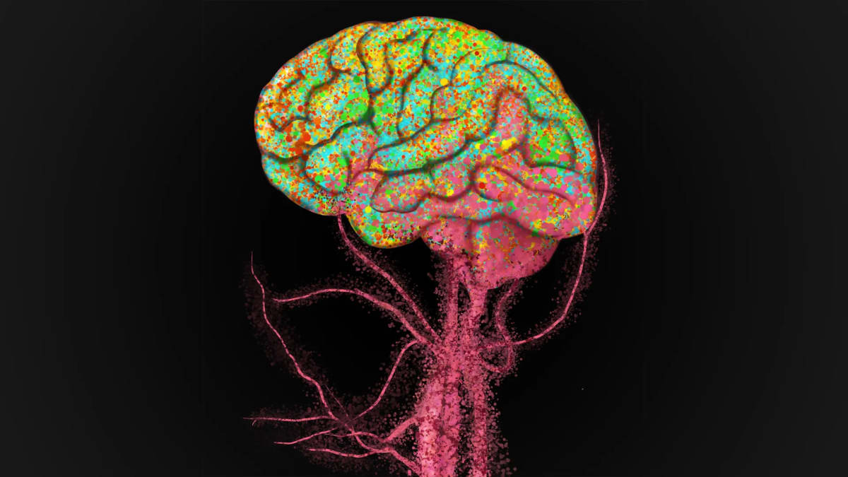 Microscopic illustration showing immune cells traveling from bloodstream into brain tissue