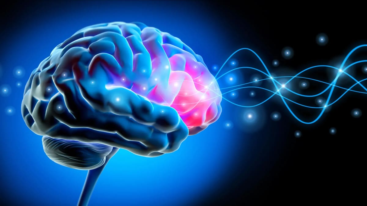 Medical illustration showing deep brain stimulation electrodes targeting neural networks in Parkinson's treatment