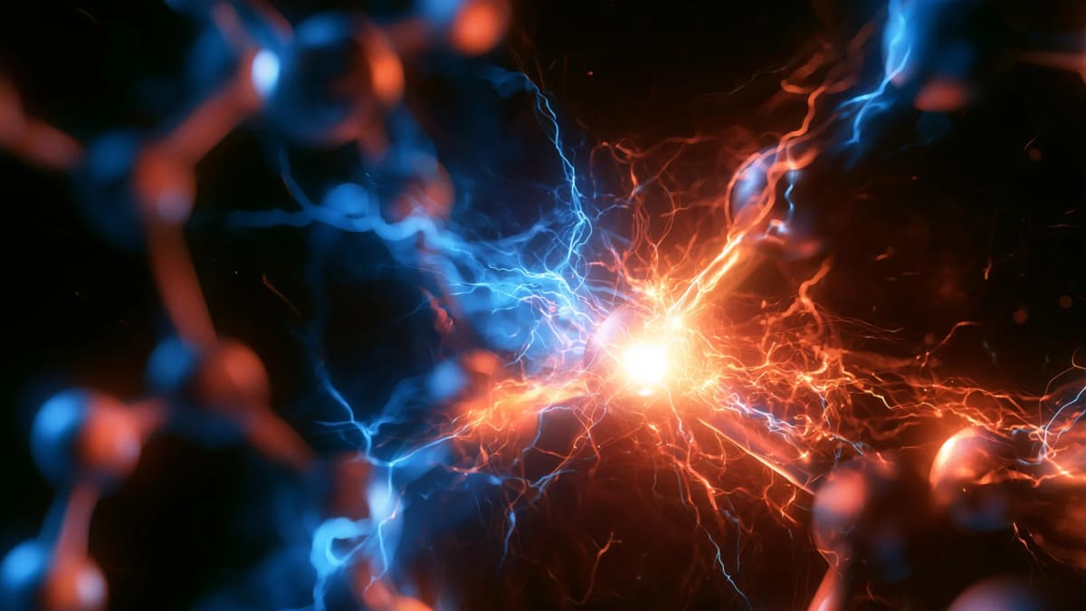 Abstract illustration of glowing electrons being released into chemical solution breaking traditional reaction barriers