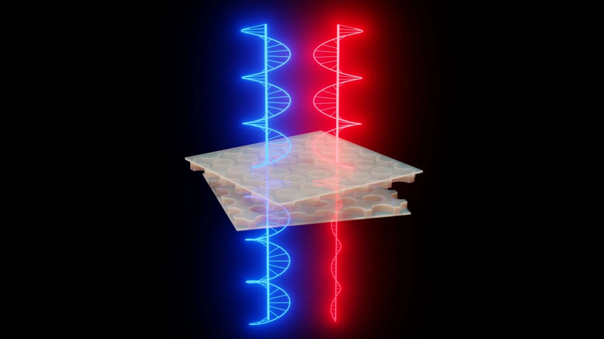 Microscopic view of stacked photonic crystal chip layers being illuminated by circularly polarized light beams
