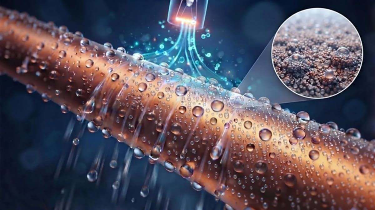 Microscopic view of nanoscale polymer coating on copper tube showing water droplet formation sites