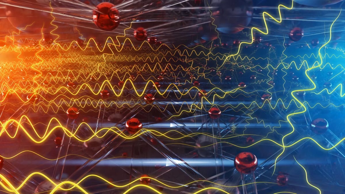 Yellow wave patterns showing atomic vibrations traveling through ceramic material aligned by electric field