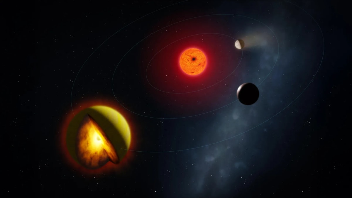 Artist's rendering of exoplanet L 98-59 d with glowing molten surface beneath sulfur rich atmosphere