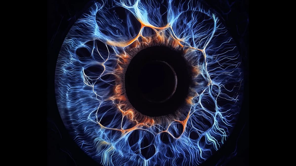 Close-up illustration of healthy human eye showing detailed retinal structure and light-sensing cells