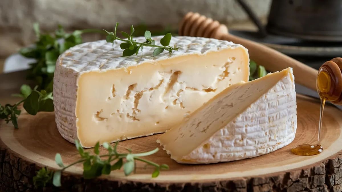 Wedges of artisan cheese with white and orange rinds on wooden cutting board