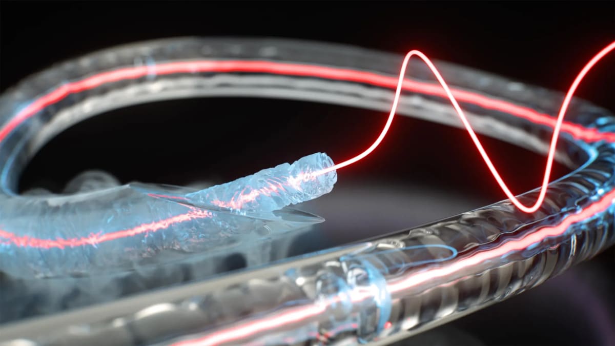 Artistic rendering of frozen optical fiber core guiding light and sound waves through glass capillary