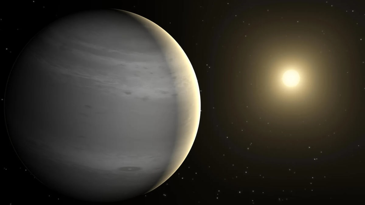 Artist rendering of Saturn-sized gas giant planet orbiting distant star in space