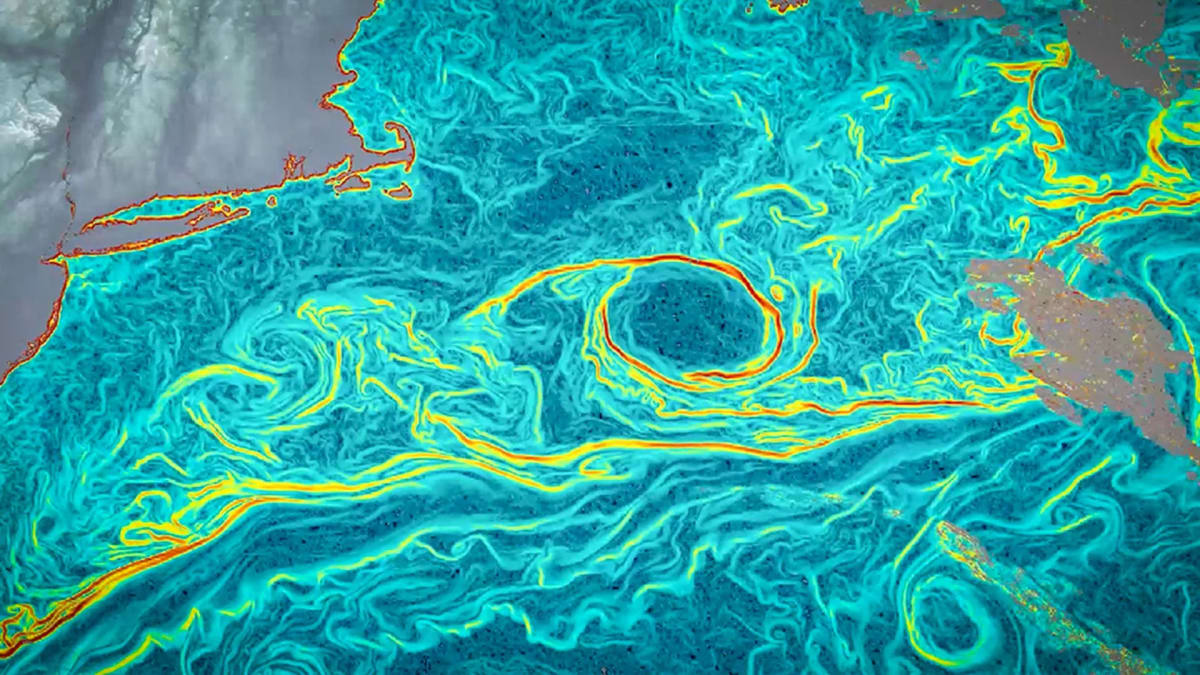 Satellite thermal image showing colorful temperature patterns revealing Gulf Stream ocean currents