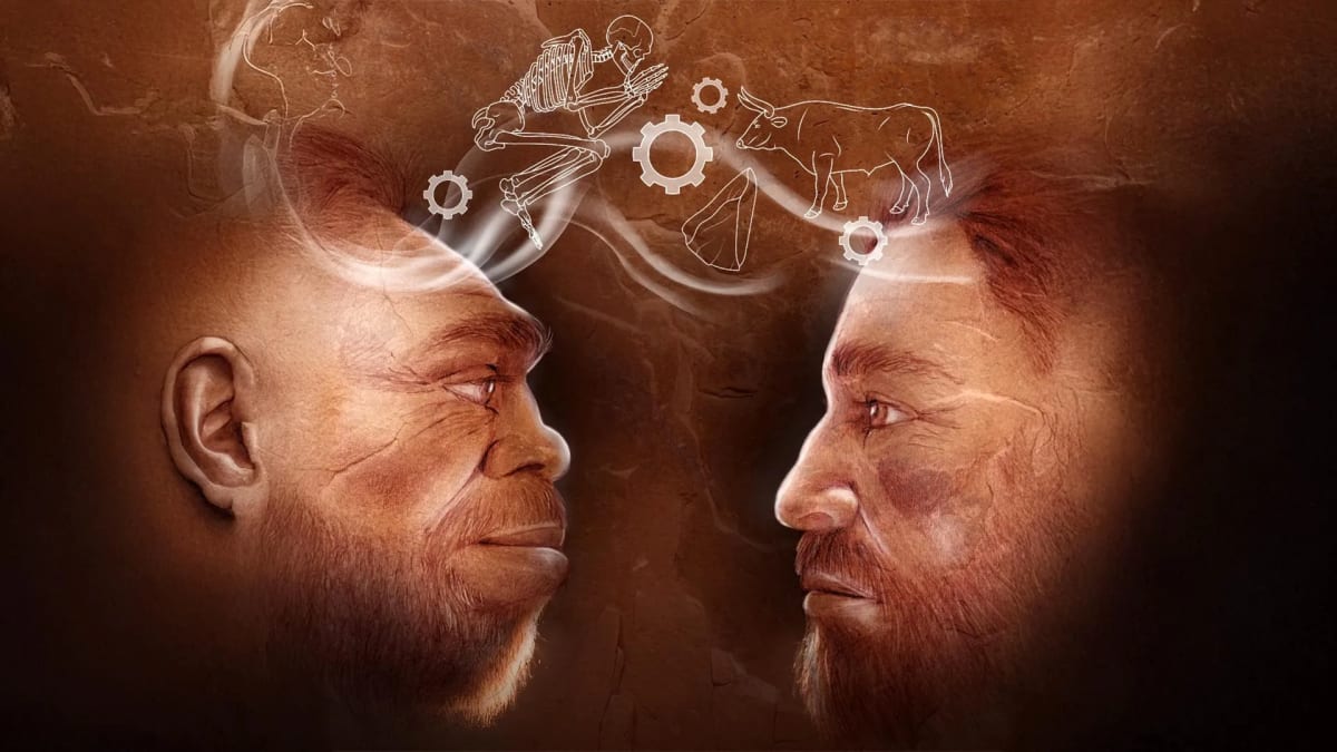 Artistic illustration of Neanderthals and early humans sharing tools and cultural practices together