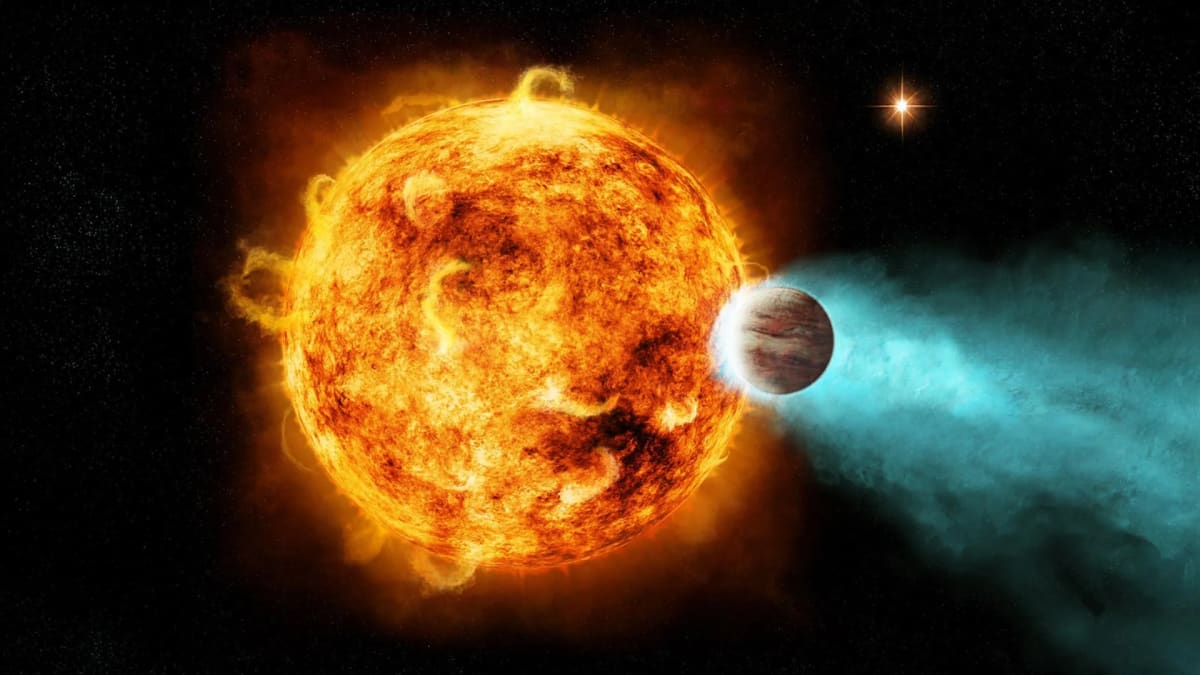 Artist's illustration of a hot Jupiter exoplanet orbiting extremely close to its bright host star