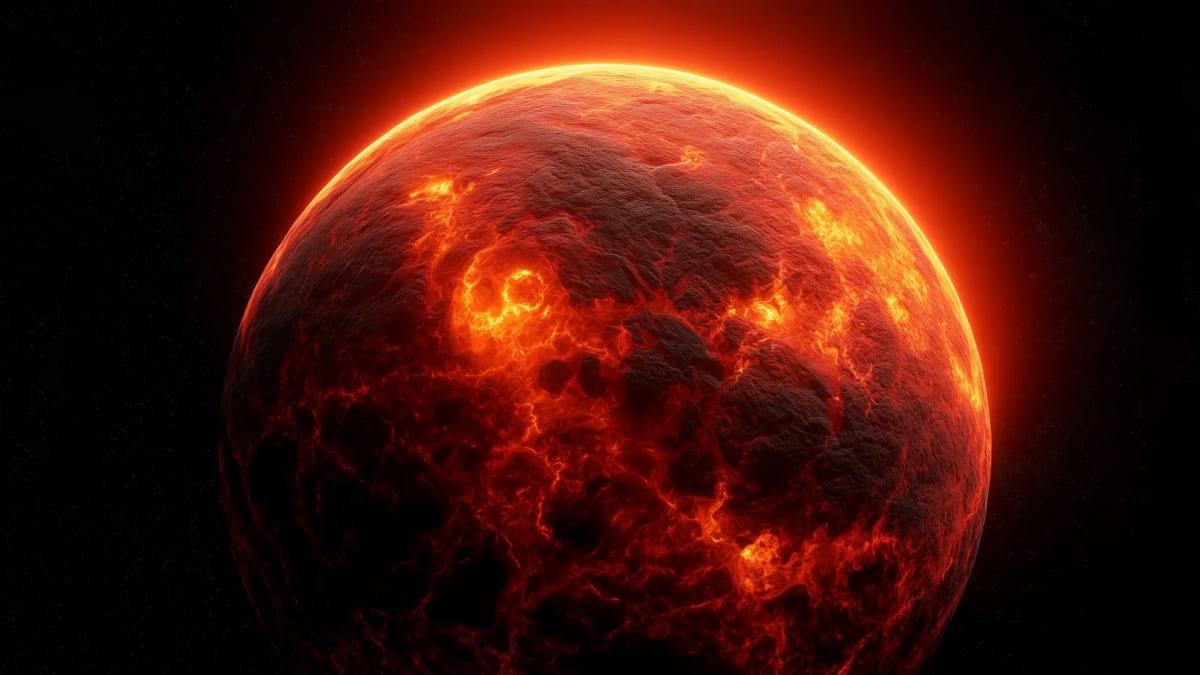 Artist rendering of glowing red lava planet 55 Cancri e with volcanic gases streaming into space