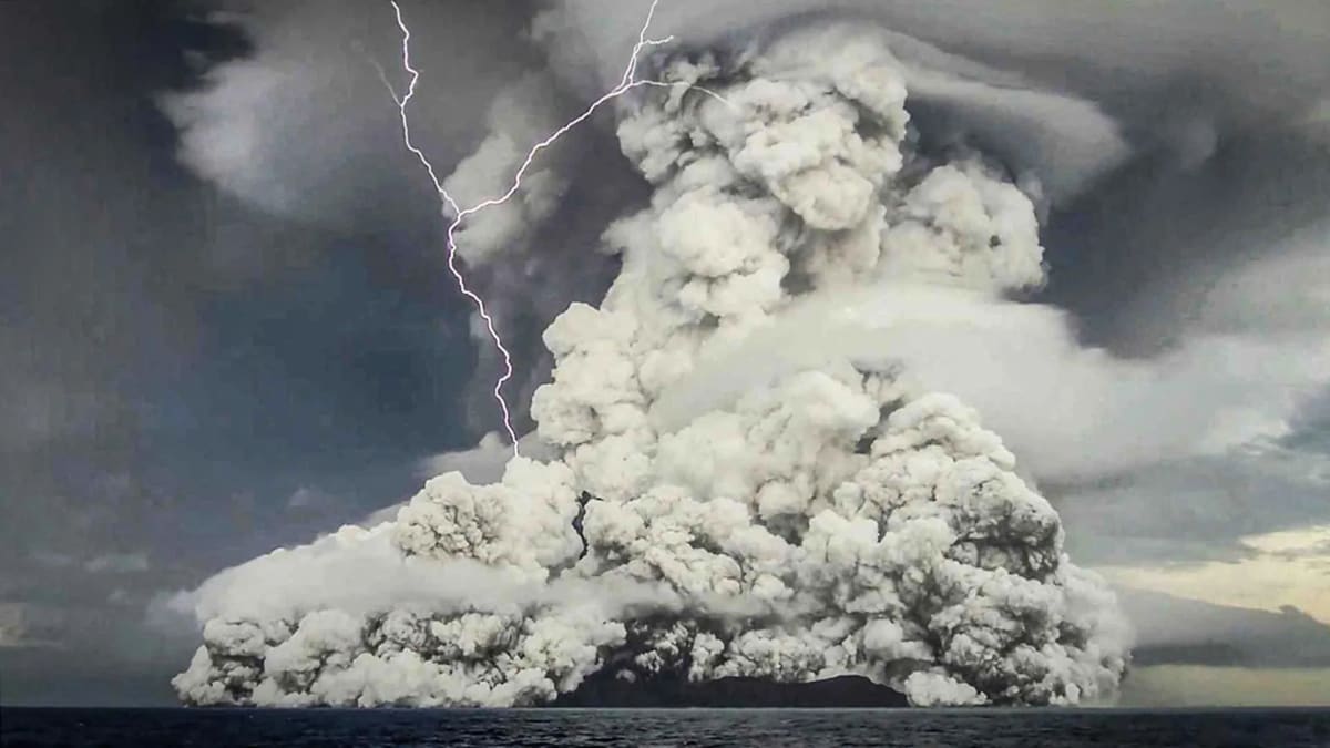Massive volcanic eruption plume rising from Hunga Tonga underwater volcano in South Pacific