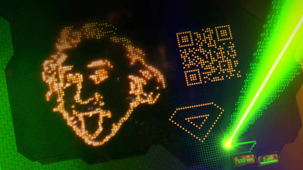 Microscopic Einstein portrait etched onto crystal surface using laser light at nanoscale resolution