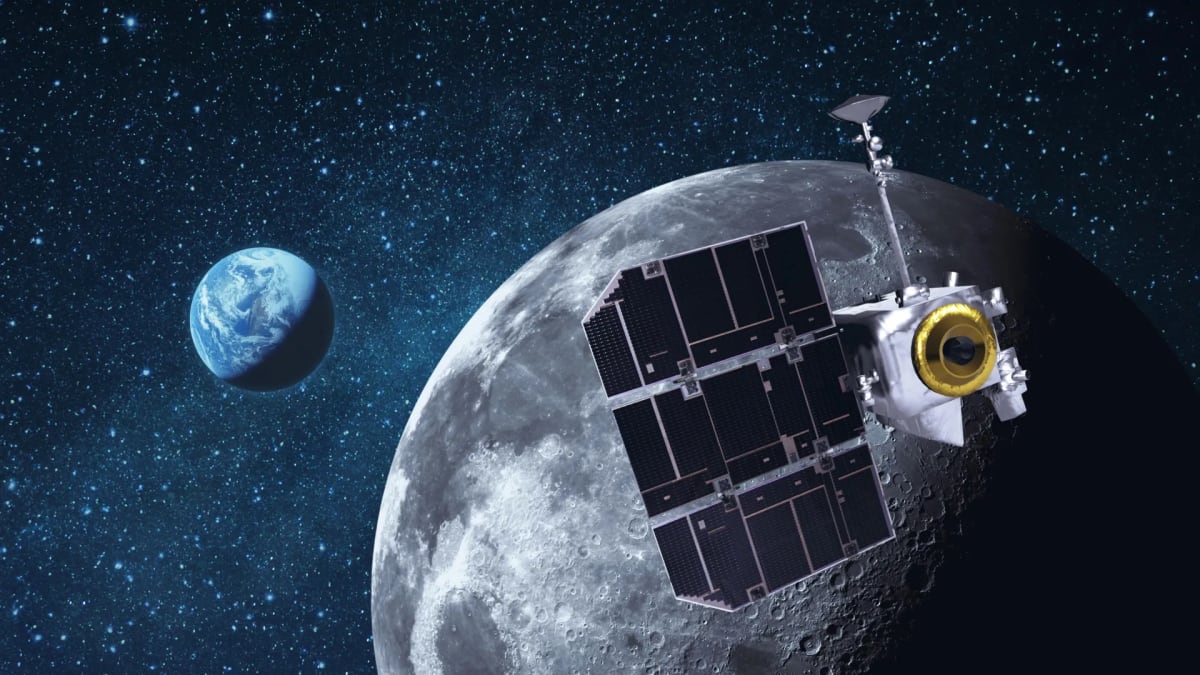 Compact X-ray telescope orbiting above the Moon's cratered surface against black space