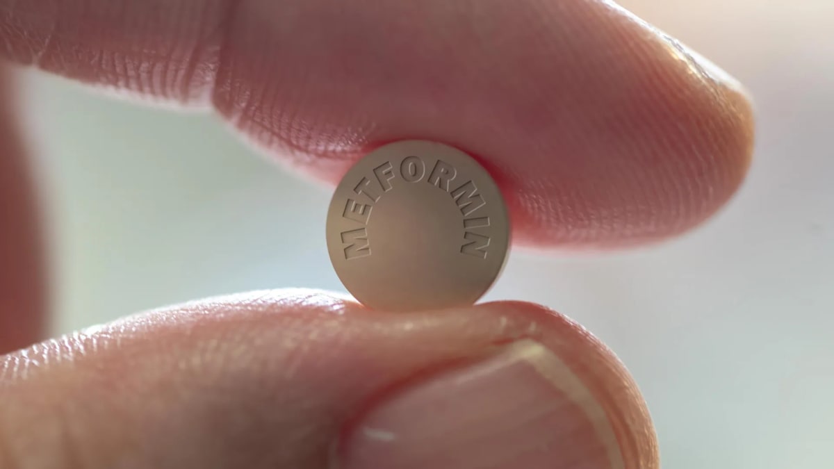 Medical researcher examining insulin vials and metformin pills in modern laboratory setting