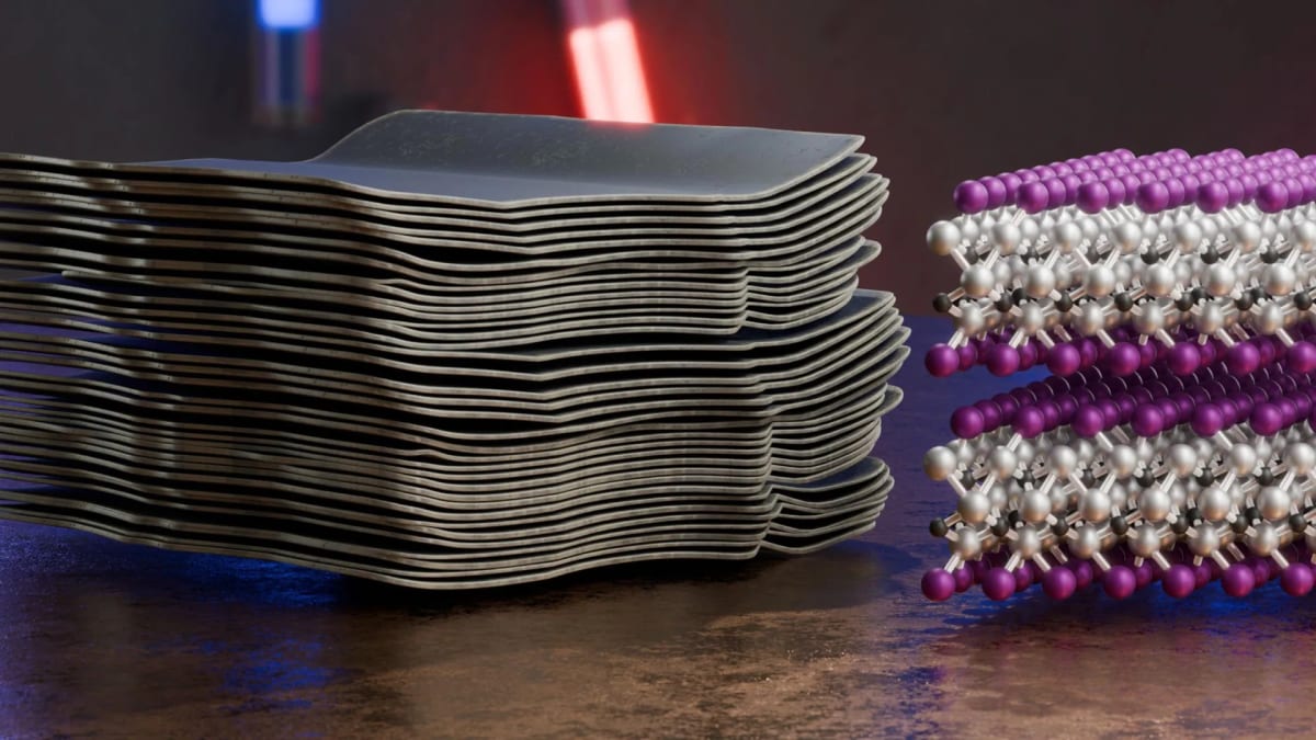 Electron microscopy image showing ultra-thin MXene material with precisely ordered atomic crystal structure