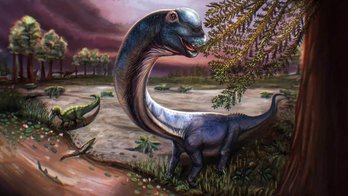 Artistic illustration of massive long-necked Nagatitan dinosaur in ancient Thai landscape with river