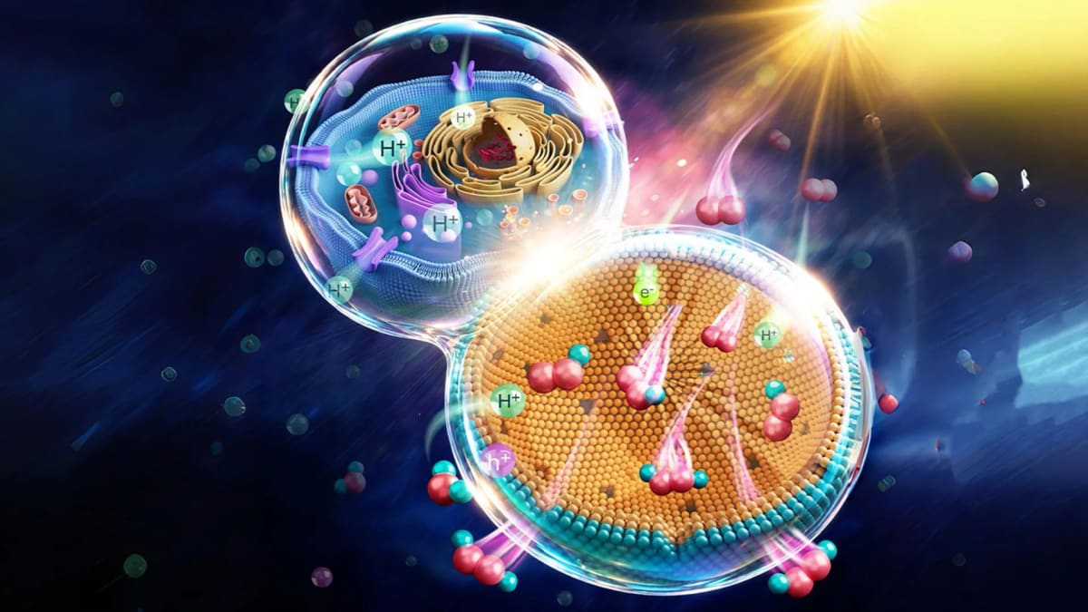 Microscopic illustration of hollow nanoreactor sphere producing hydrogen peroxide from sunlight