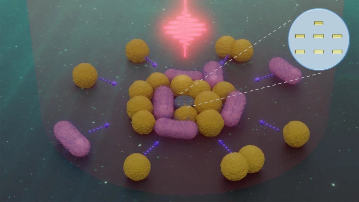 Microscopic nanorobot surrounded by bacteria in liquid, powered by light beams for precision movement