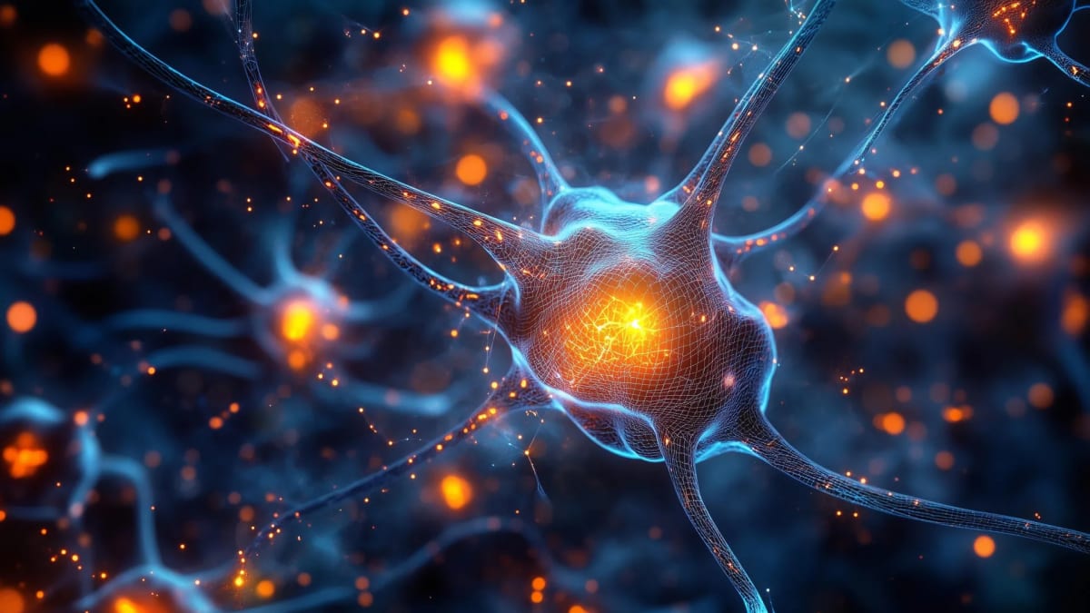 Illustration of neurons firing in the brainstem region of the brain with glowing connections