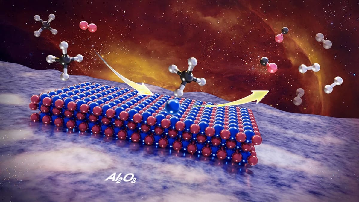 Microscopic diagram showing reconstructed nickel oxide atomic structure on catalyst surface during methane conversion