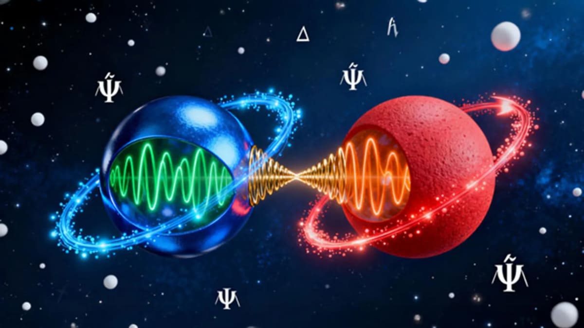 Artistic visualization of one-way quantum synchronization with directional sound particle flow
