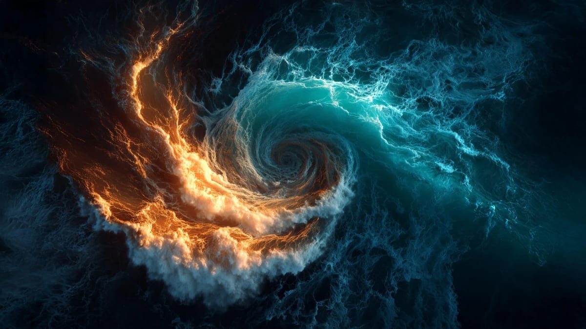 Laboratory experiment showing turbulent water flow with tracer particles revealing swirling energy patterns