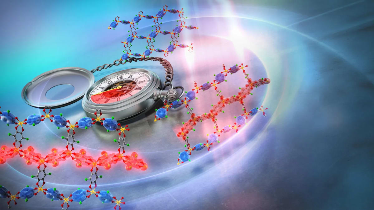 Ultrafast laser beam hitting metal-organic framework material causing electronic transformation in laboratory