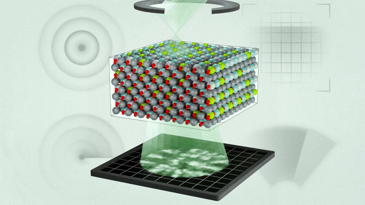 Electron microscope imaging showing nanoscale atomic structure of ferroelectric material with colored charge patterns