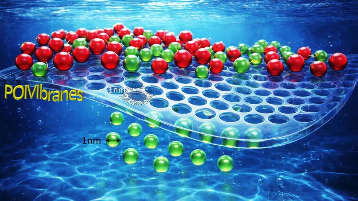 Microscopic illustration showing tiny crown-shaped molecular clusters filtering colored molecules through nanometer-sized pores