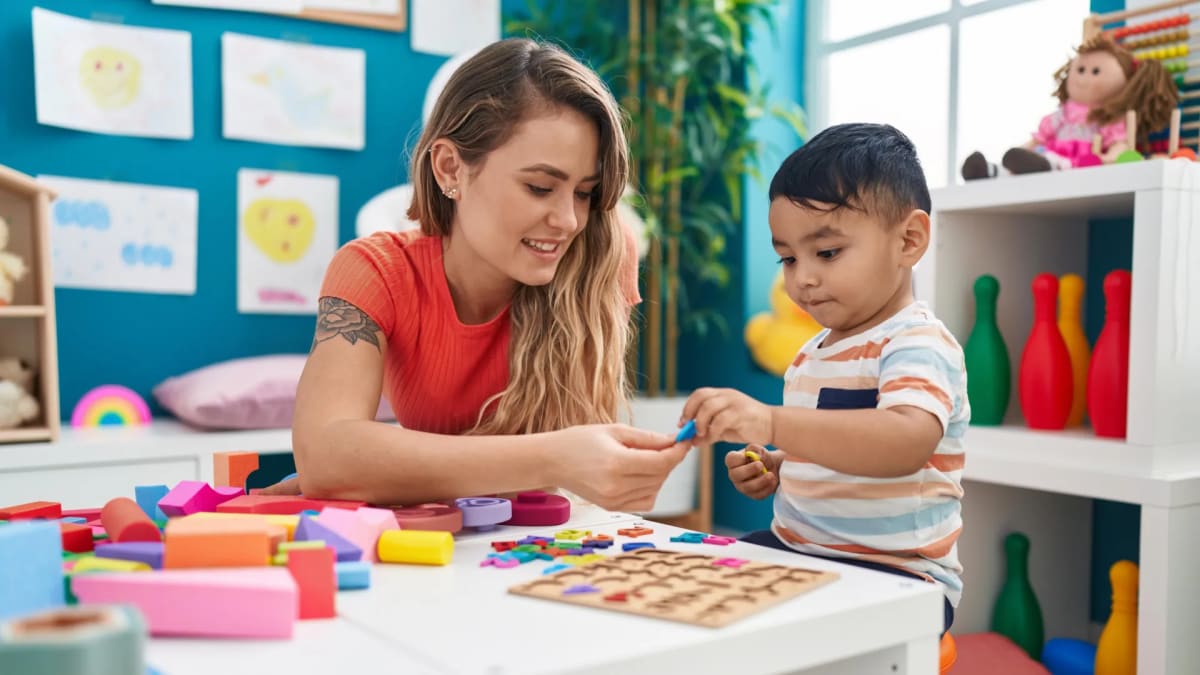 Diverse group of preschool children learning together in a bright, structured classroom setting