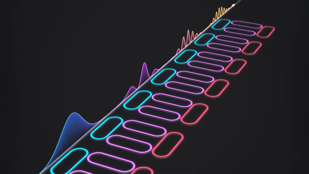 Conceptual diagram showing optical pulses moving through programmable photonic integrated circuit with delay controls