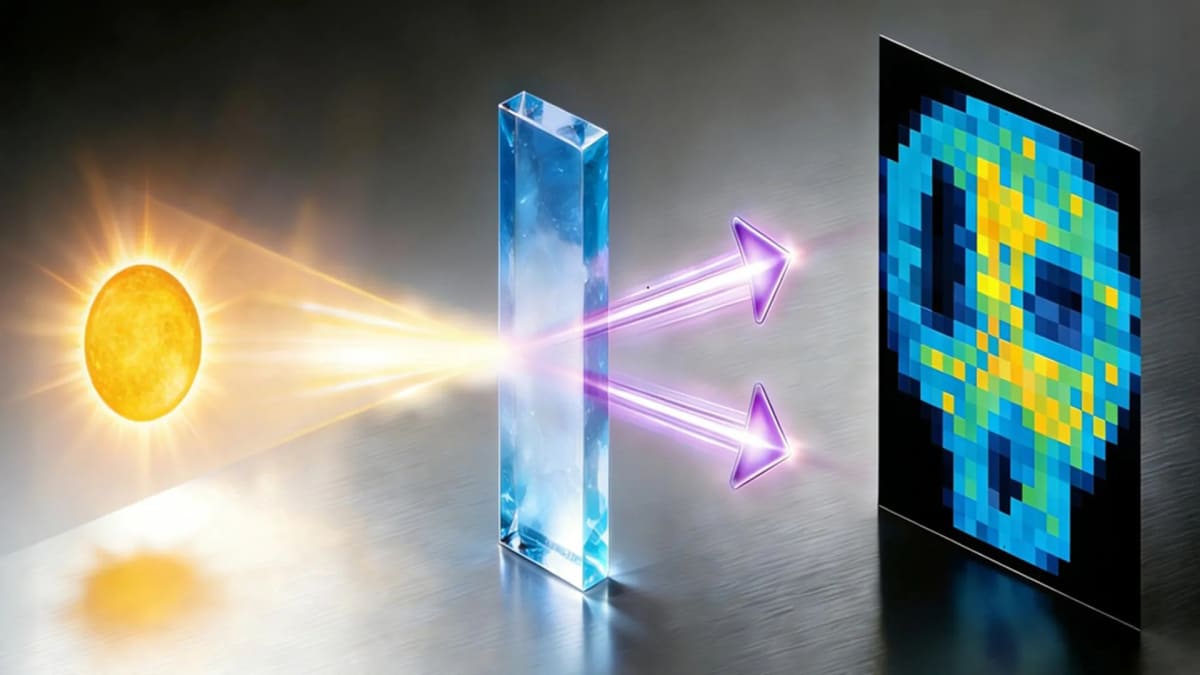 Sun-tracking device directing sunlight through optical fiber into quantum imaging crystal system