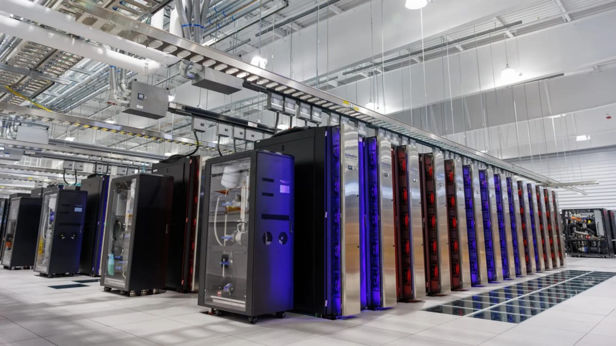 Large data center with rows of servers consuming massive amounts of electricity for AI operations