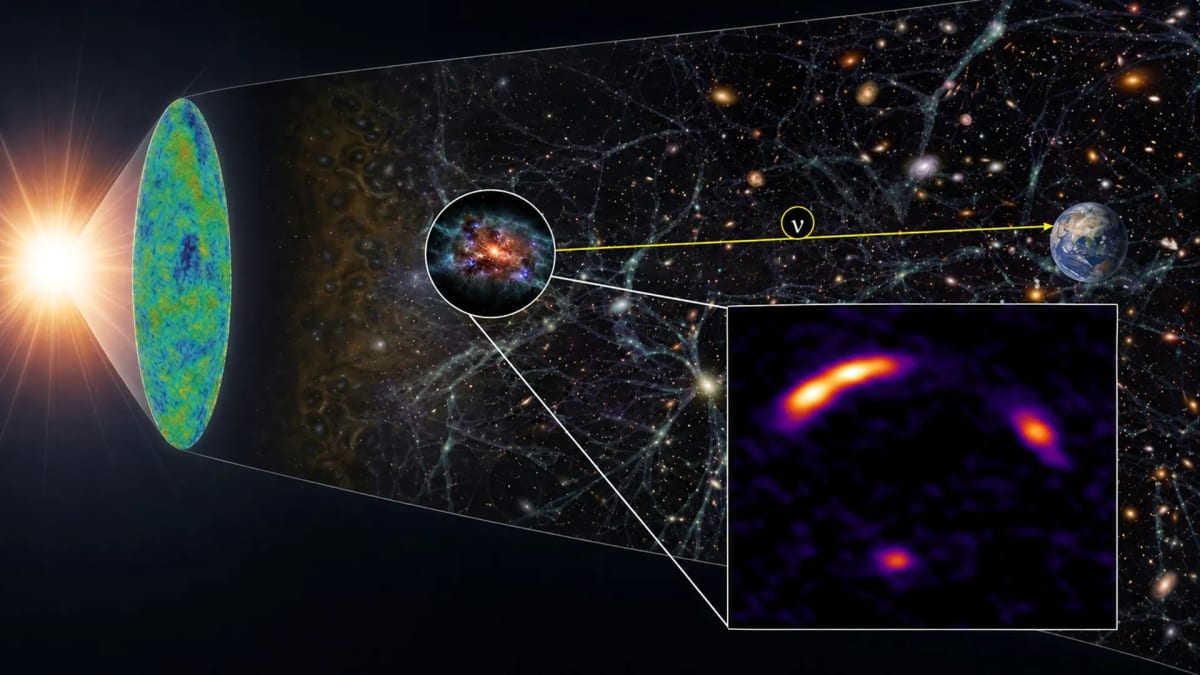 Radio telescope image showing gravitationally lensed starburst galaxy nicknamed Shadow Blaster producing cosmic neutrinos