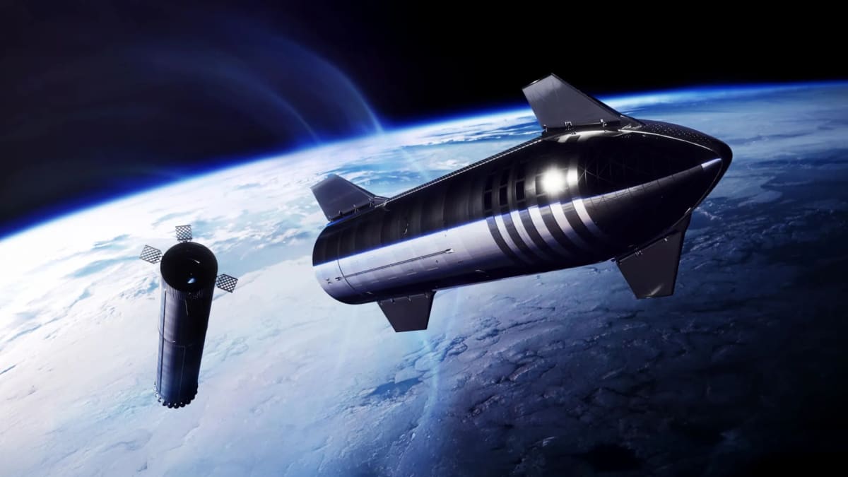 Artist rendering of massive SpaceX Starship rocket separating from its Super Heavy booster in space