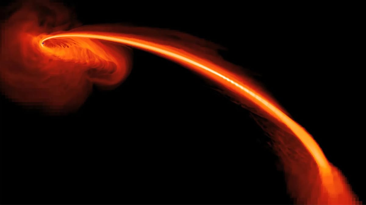 Computer simulation showing star being stretched by supermassive black hole's gravity