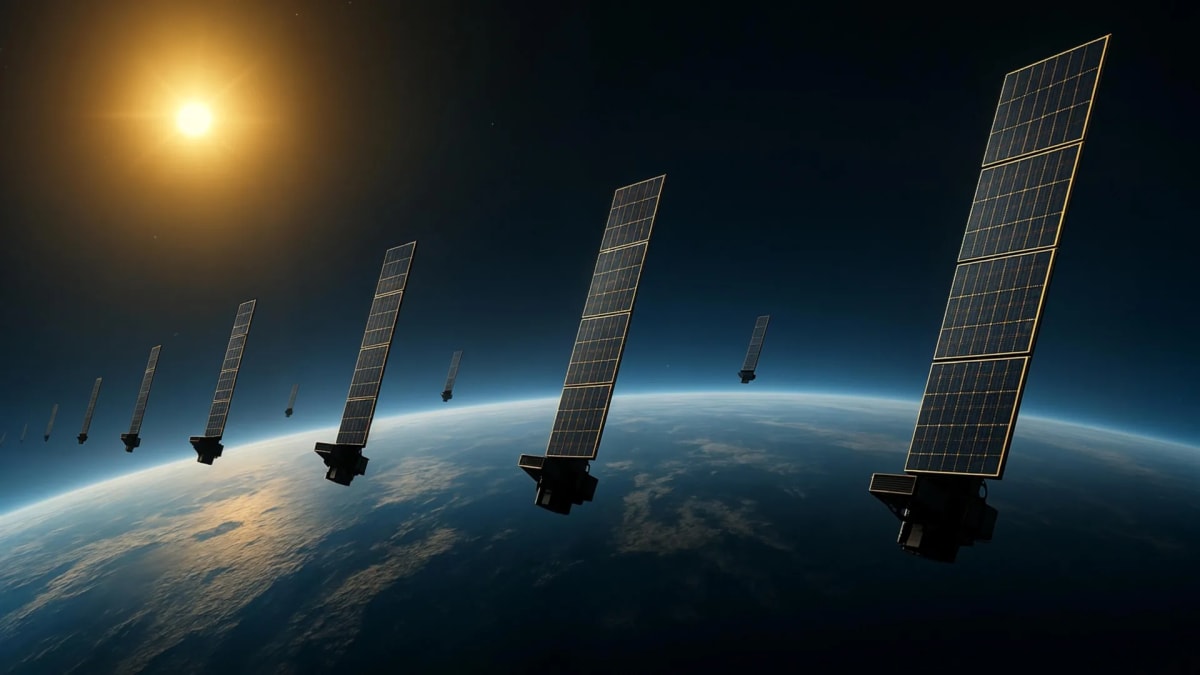 Starlink satellites orbiting Earth with visualization of atmospheric density mapping above planet