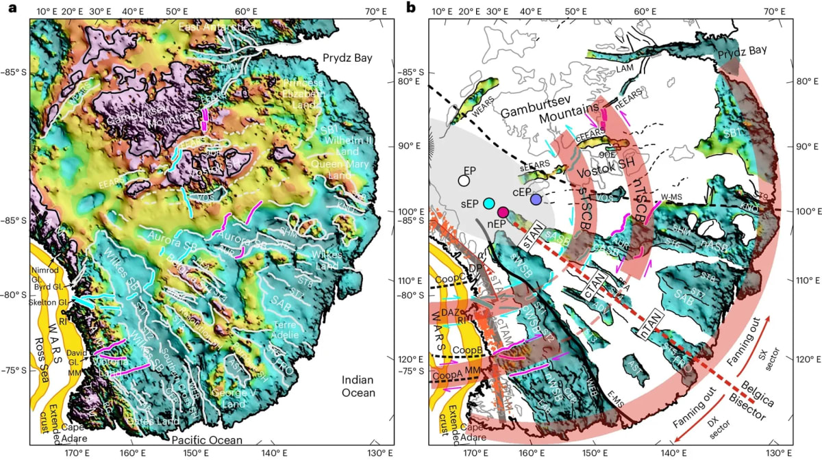 Illustration showing fan-shaped network of geological basins hidden beneath Antarctica's ice sheet