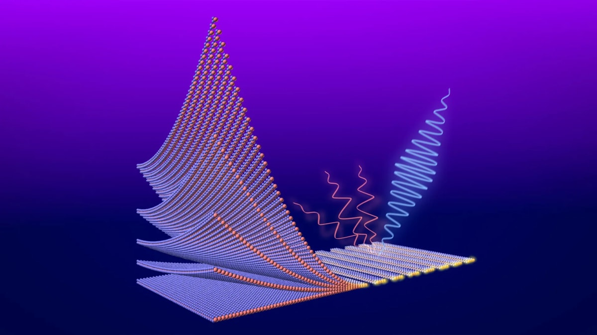 Artistic rendering of nanoscale molybdenum diselenide grating structure trapping light waves