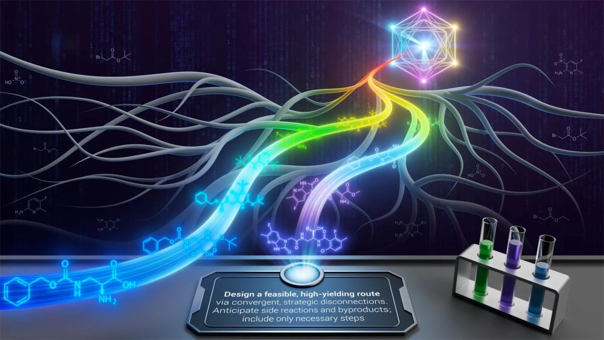 Conceptual illustration showing AI analyzing molecular structures and chemical pathways on digital screens