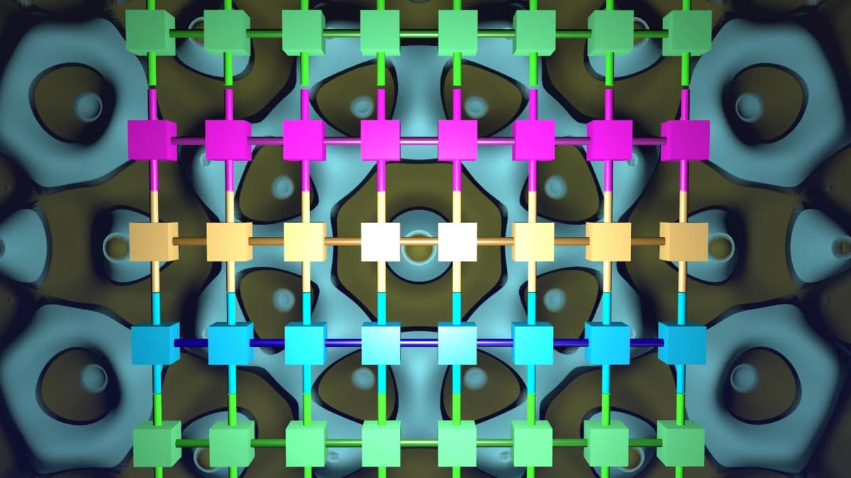 Colorful visualization of tensor network grid representing quantum materials simulation computational structure