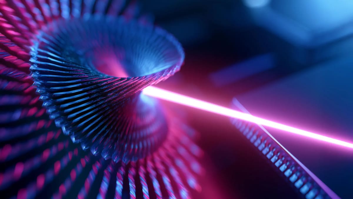 Illustration of tiny magnetic waves rippling through a magnetic crystal sphere for quantum computing