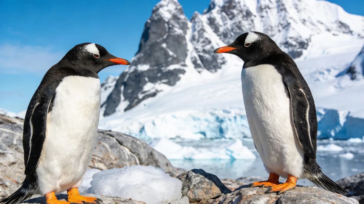 Gentoo penguin with distinctive black and white coloring standing on rocky shoreline